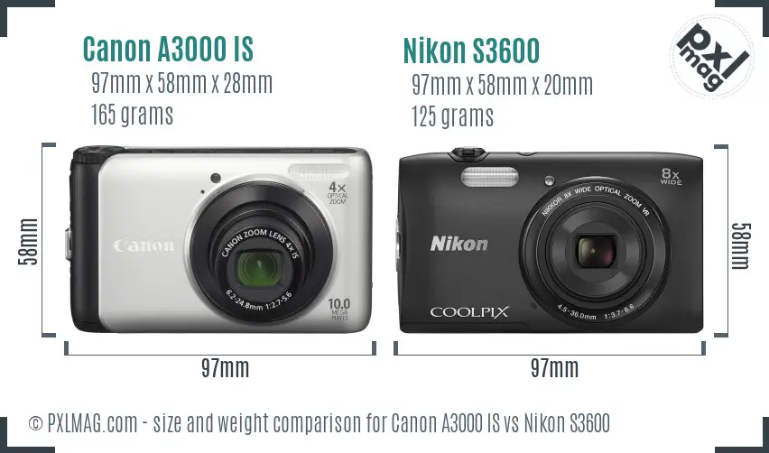 Canon A3000 IS vs Nikon S3600 size comparison