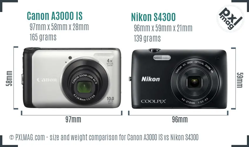 Canon A3000 IS vs Nikon S4300 size comparison