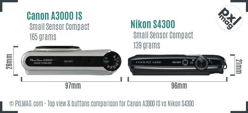 Canon A3000 IS vs Nikon S4300 top view buttons comparison