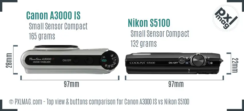 Canon A3000 IS vs Nikon S5100 top view buttons comparison