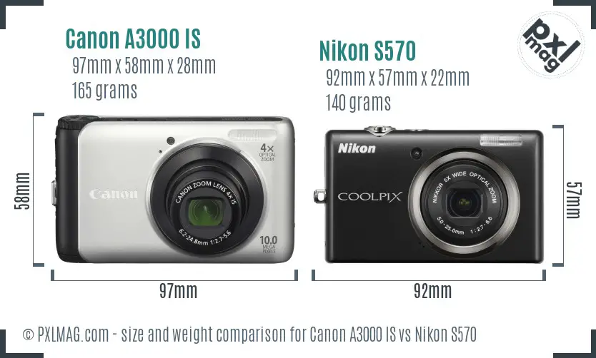 Canon A3000 IS vs Nikon S570 size comparison