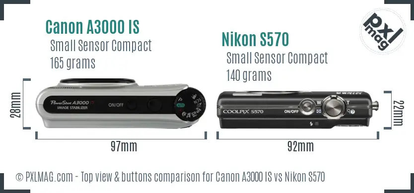 Canon A3000 IS vs Nikon S570 top view buttons comparison