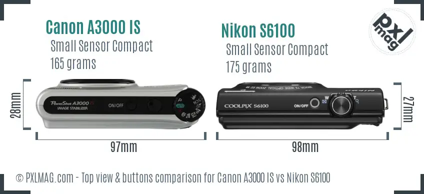 Canon A3000 IS vs Nikon S6100 top view buttons comparison Canon A3000 IS vs Nikon S6100 top view buttons comparison
