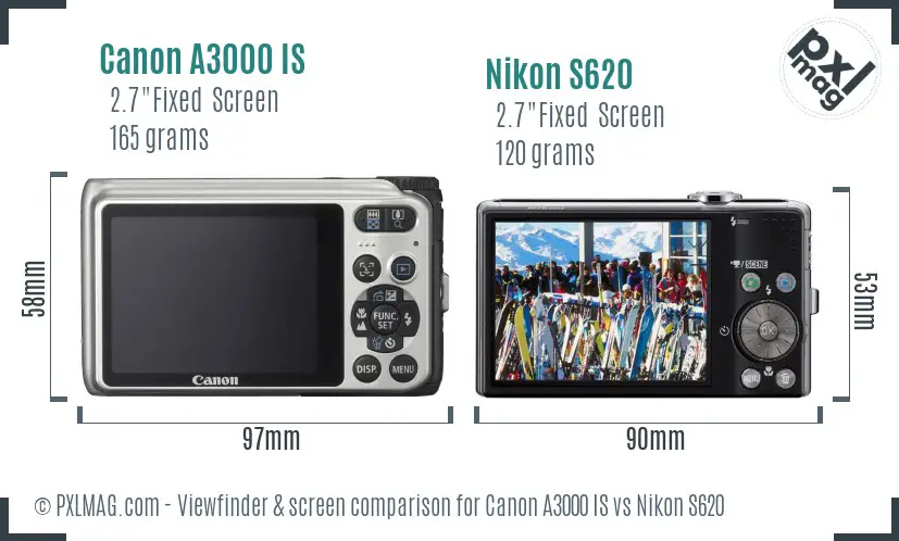 Canon A3000 IS vs Nikon S620 Screen and Viewfinder comparison