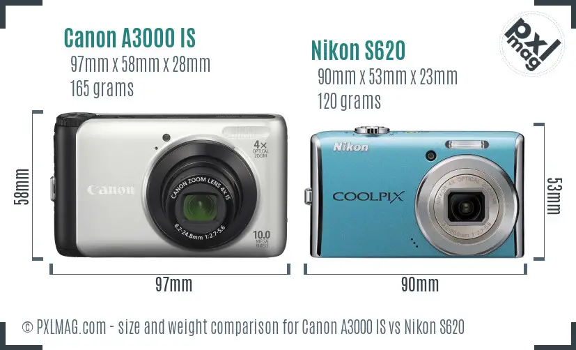 Canon A3000 IS vs Nikon S620 size comparison