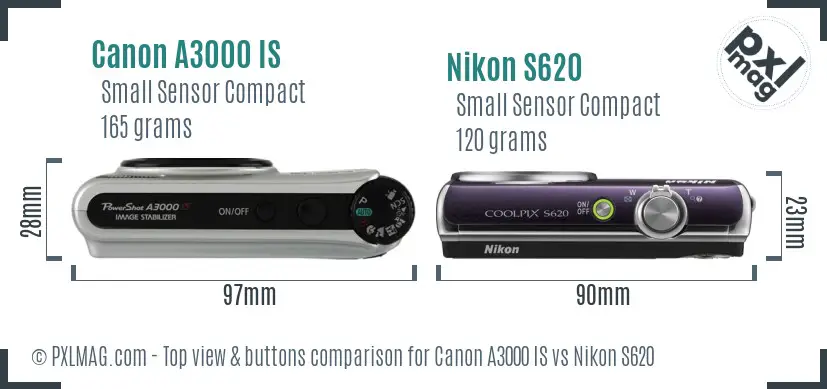 Canon A3000 IS vs Nikon S620 top view buttons comparison