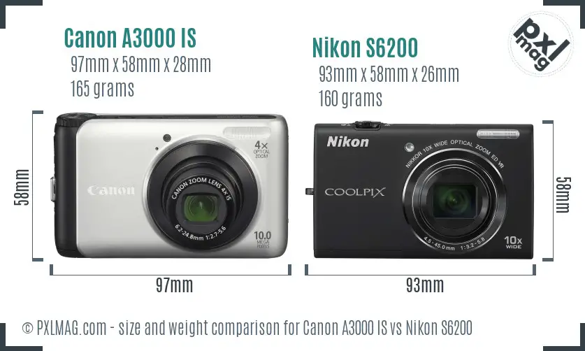 Canon A3000 IS vs Nikon S6200 size comparison