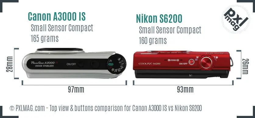 Canon A3000 IS vs Nikon S6200 top view buttons comparison