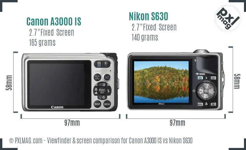 Canon A3000 IS vs Nikon S630 Screen and Viewfinder comparison