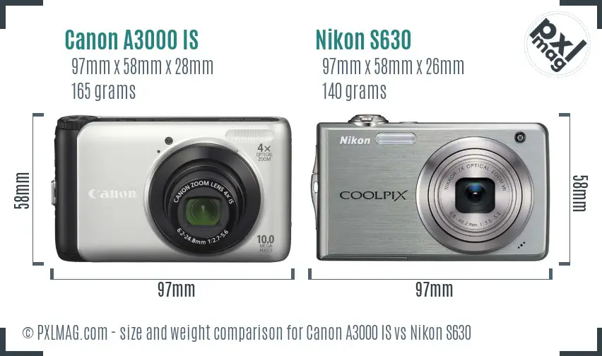 Canon A3000 IS vs Nikon S630 size comparison