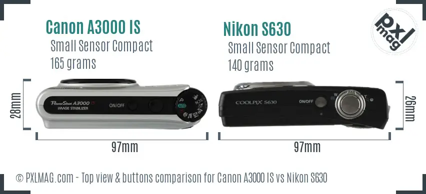 Canon A3000 IS vs Nikon S630 top view buttons comparison