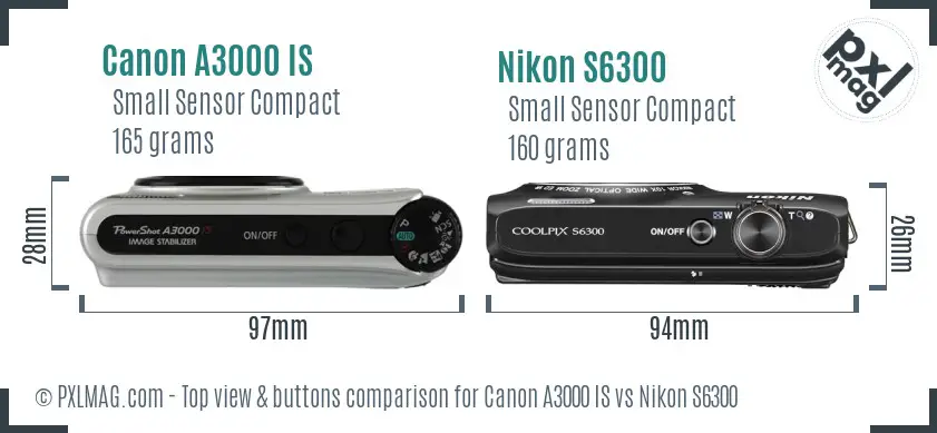 Canon A3000 IS vs Nikon S6300 top view buttons comparison