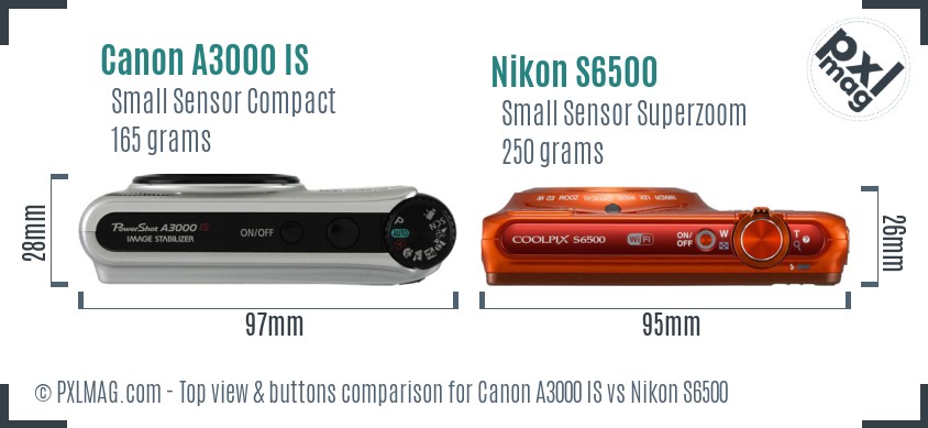Canon A3000 IS vs Nikon S6500 top view buttons comparison