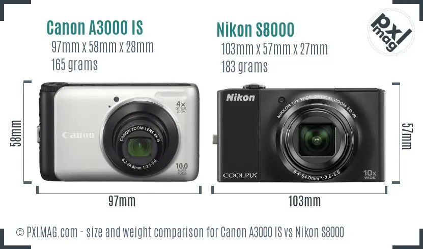 Canon A3000 IS vs Nikon S8000 size comparison