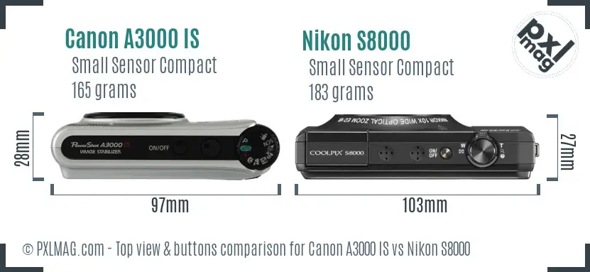Canon A3000 IS vs Nikon S8000 top view buttons comparison