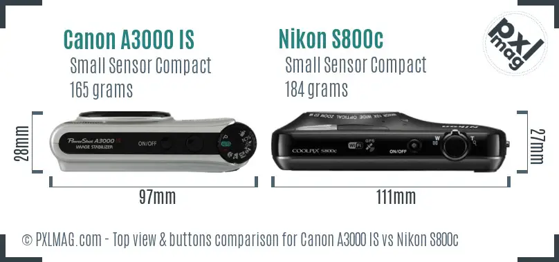 Canon A3000 IS vs Nikon S800c top view buttons comparison