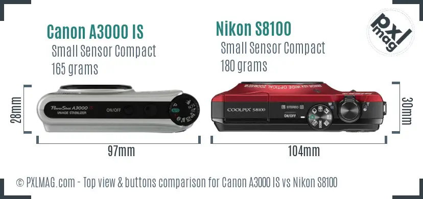 Canon A3000 IS vs Nikon S8100 top view buttons comparison