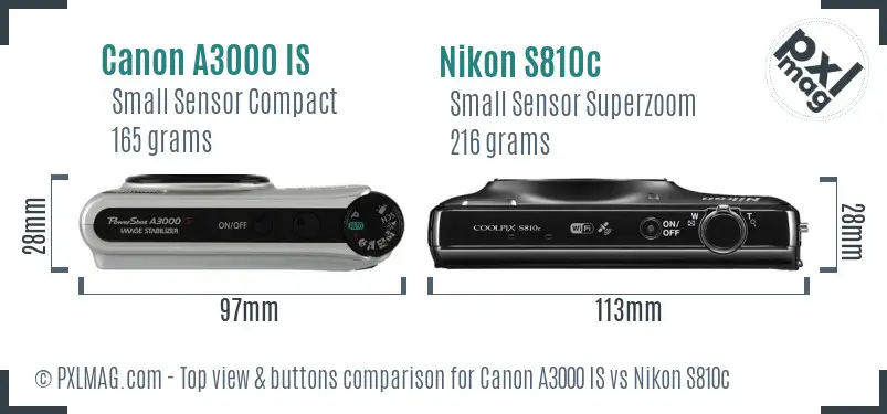 Canon A3000 IS vs Nikon S810c top view buttons comparison Canon A3000 IS vs Nikon S810c top view buttons comparison