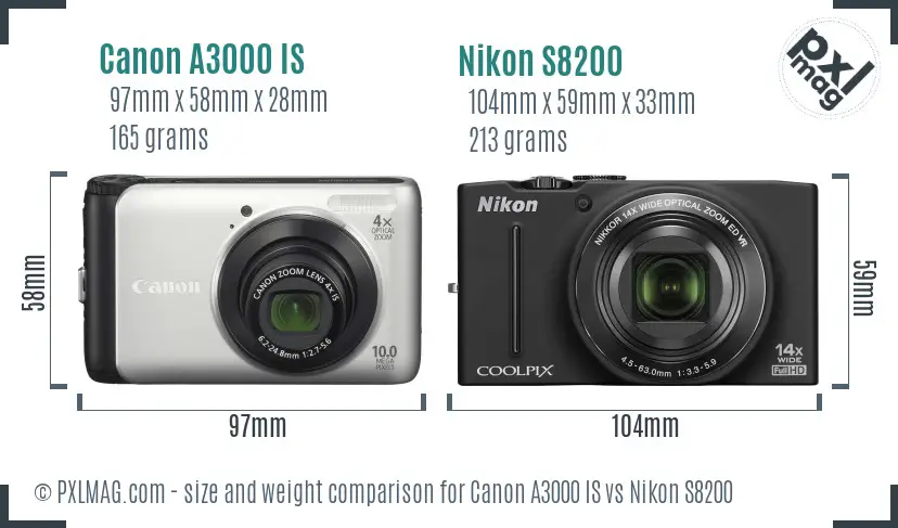 Canon A3000 IS vs Nikon S8200 size comparison