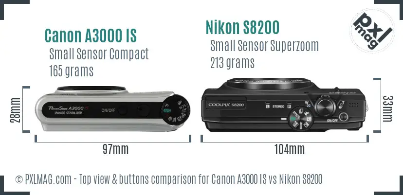 Canon A3000 IS vs Nikon S8200 top view buttons comparison