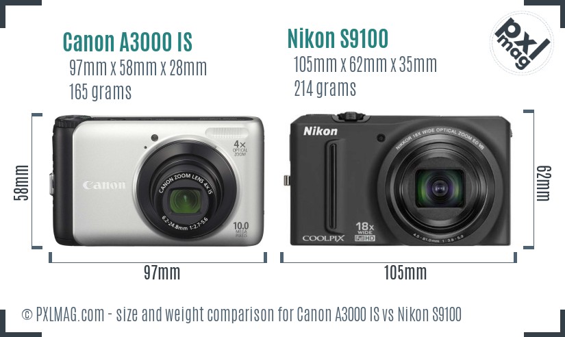 Canon A3000 IS vs Nikon S9100 size comparison