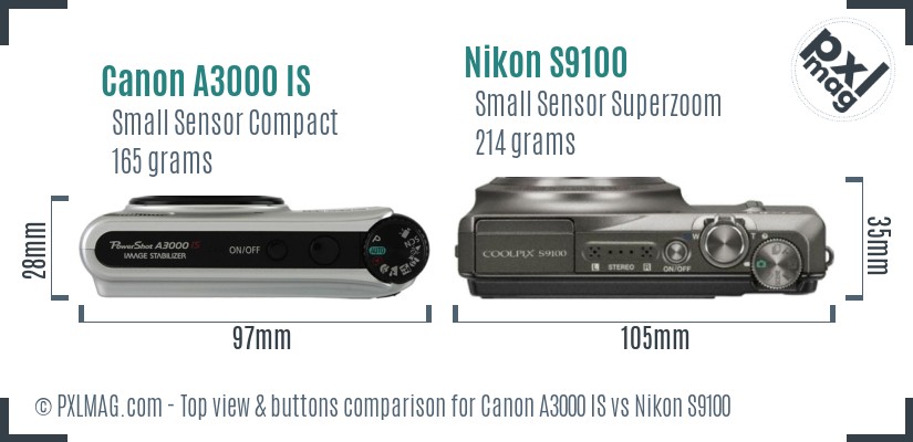 Canon A3000 IS vs Nikon S9100 top view buttons comparison