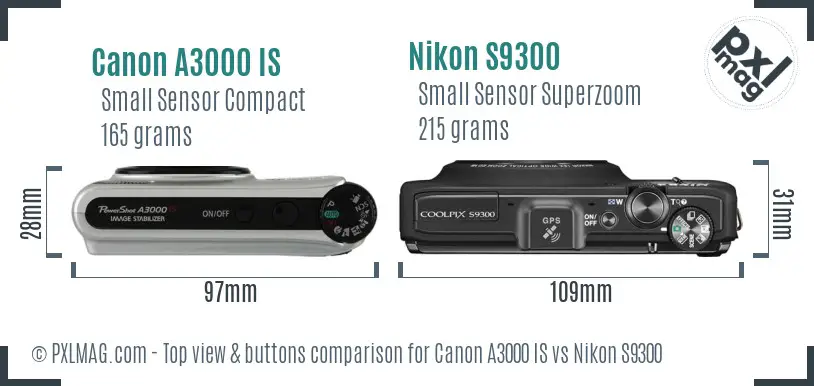 Canon A3000 IS vs Nikon S9300 top view buttons comparison