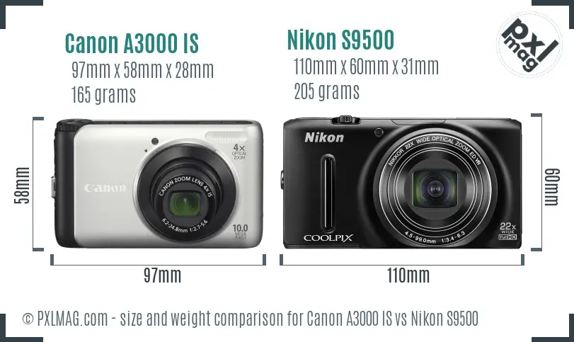 Canon A3000 IS vs Nikon S9500 size comparison