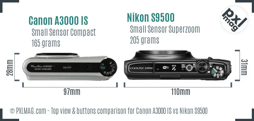 Canon A3000 IS vs Nikon S9500 top view buttons comparison