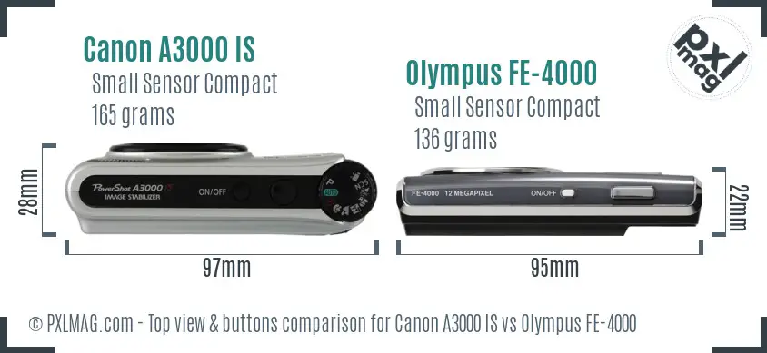 Canon A3000 IS vs Olympus FE-4000 top view buttons comparison