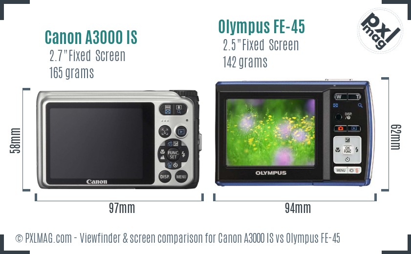 Canon A3000 IS vs Olympus FE-45 Screen and Viewfinder comparison