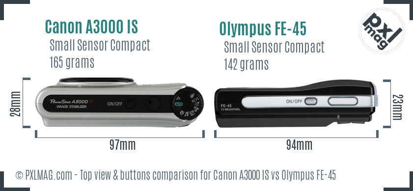 Canon A3000 IS vs Olympus FE-45 top view buttons comparison