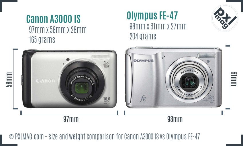 Canon A3000 IS vs Olympus FE-47 size comparison