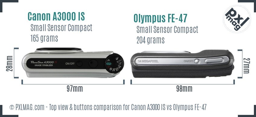 Canon A3000 IS vs Olympus FE-47 top view buttons comparison