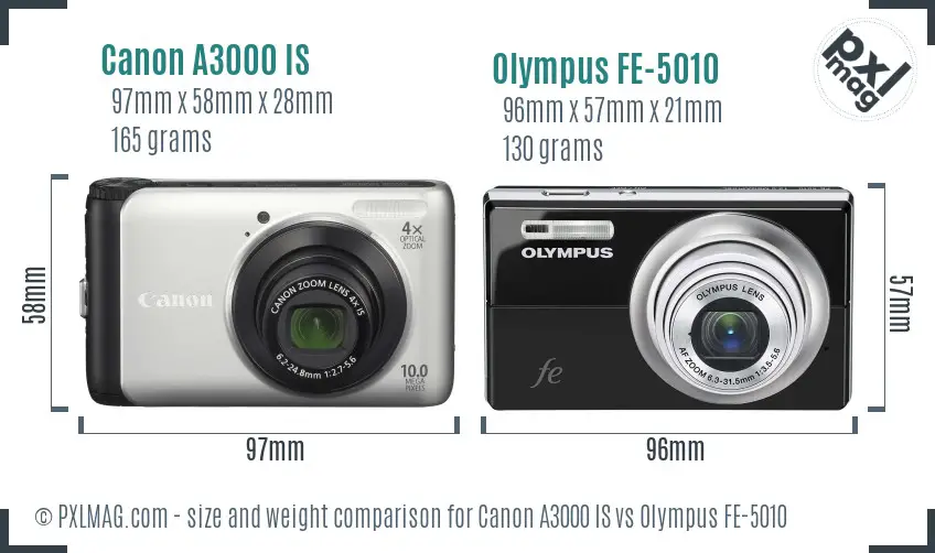 Canon A3000 IS vs Olympus FE-5010 size comparison