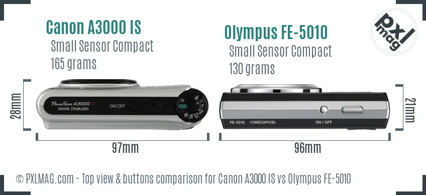 Canon A3000 IS vs Olympus FE-5010 top view buttons comparison