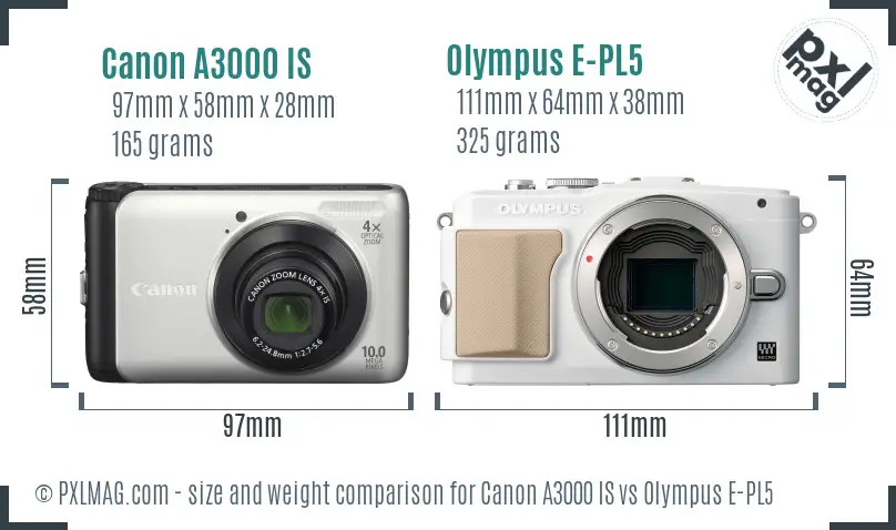 Canon A3000 IS vs Olympus E-PL5 size comparison