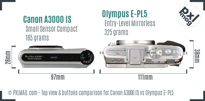 Canon A3000 IS vs Olympus E-PL5 top view buttons comparison