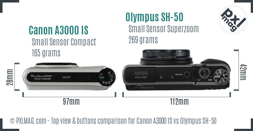 Canon A3000 IS vs Olympus SH-50 top view buttons comparison