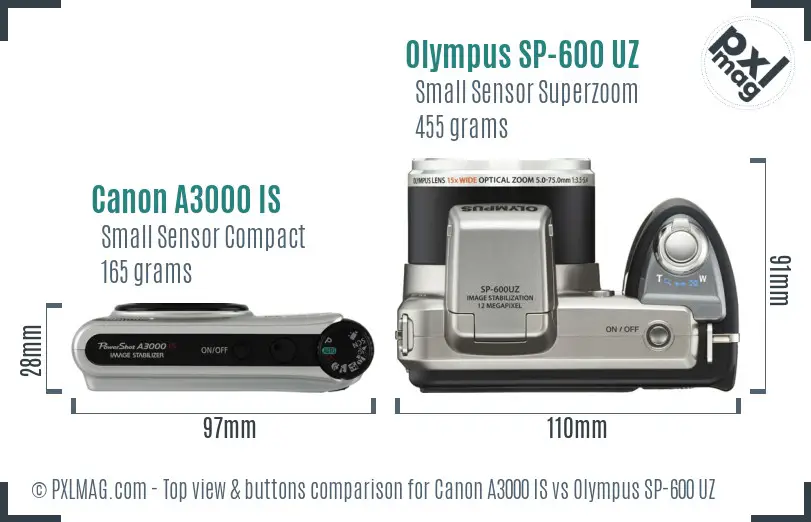 Canon A3000 IS vs Olympus SP-600 UZ top view buttons comparison Canon A3000 IS vs Olympus SP-600 UZ top view buttons comparison