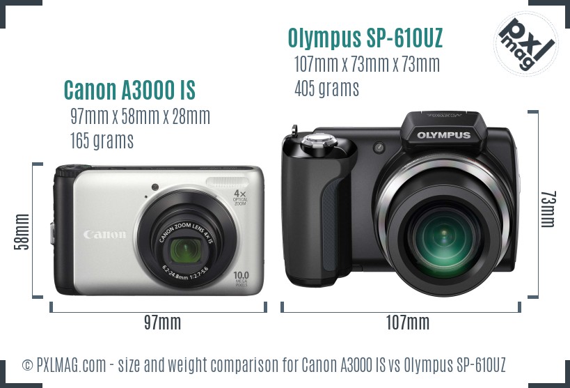 Canon A3000 IS vs Olympus SP-610UZ size comparison Canon A3000 IS vs Olympus SP-610UZ size comparison