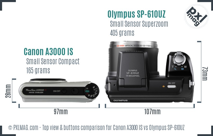 Canon A3000 IS vs Olympus SP-610UZ top view buttons comparison