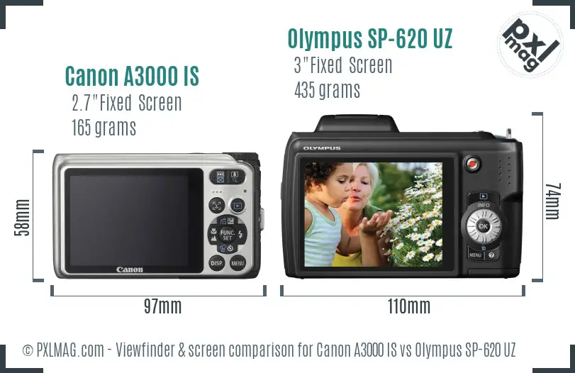 Canon A3000 IS vs Olympus SP-620 UZ Screen and Viewfinder comparison