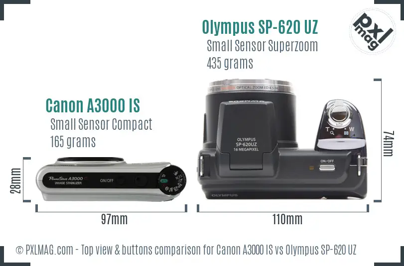 Canon A3000 IS vs Olympus SP-620 UZ top view buttons comparison