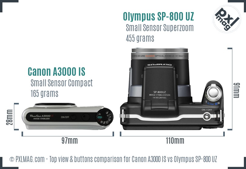 Canon A3000 IS vs Olympus SP-800 UZ top view buttons comparison