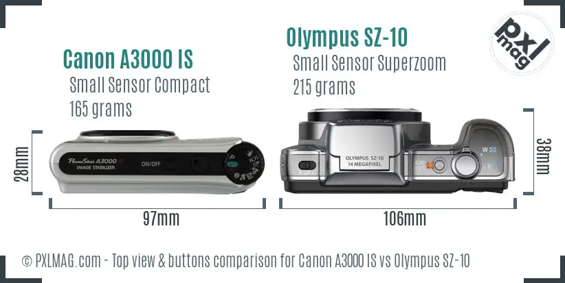 Canon A3000 IS vs Olympus SZ-10 top view buttons comparison