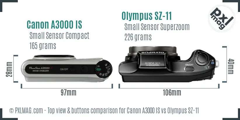 Canon A3000 IS vs Olympus SZ-11 top view buttons comparison