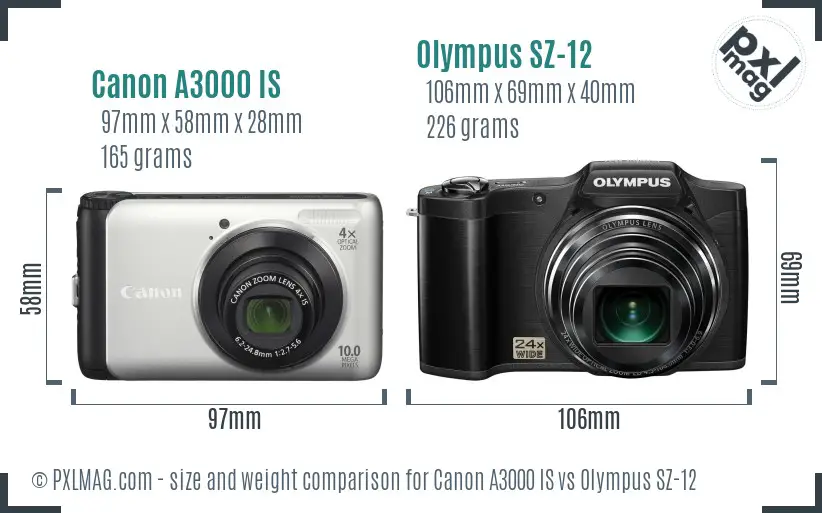 Canon A3000 IS vs Olympus SZ-12 size comparison