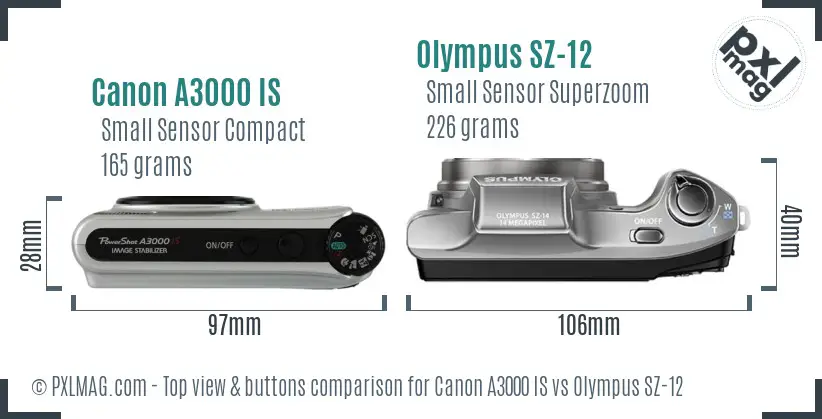Canon A3000 IS vs Olympus SZ-12 top view buttons comparison