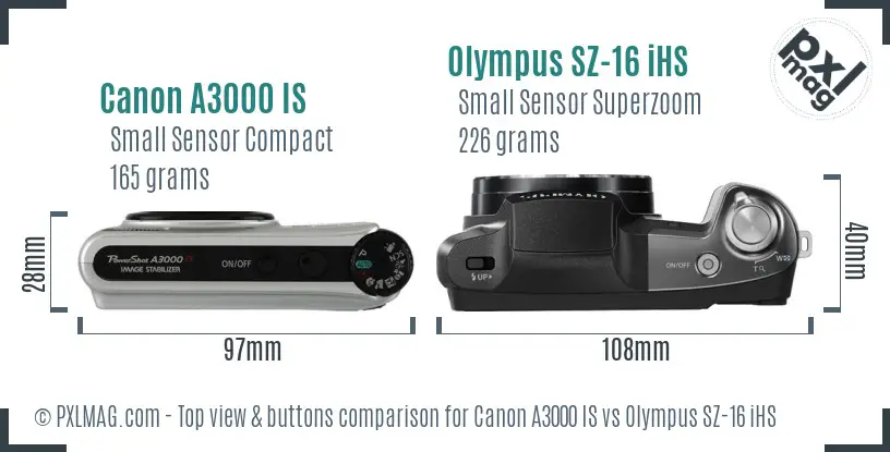 Canon A3000 IS vs Olympus SZ-16 iHS top view buttons comparison Canon A3000 IS vs Olympus SZ-16 iHS top view buttons comparison